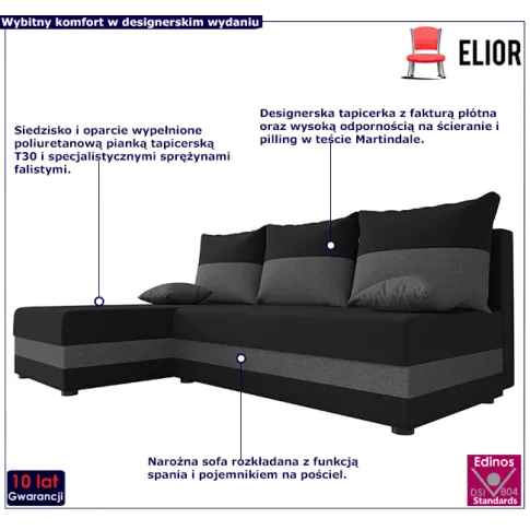 Czarno szary narożnik z pojemnikiem Gavin