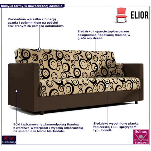 Kanapa rozkładana brązowo beżowa kółka Davon