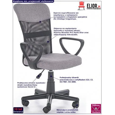 Zdjęcie wentylowany fotel obrotowy szary dla dziecka Pessa | Edinos.pl