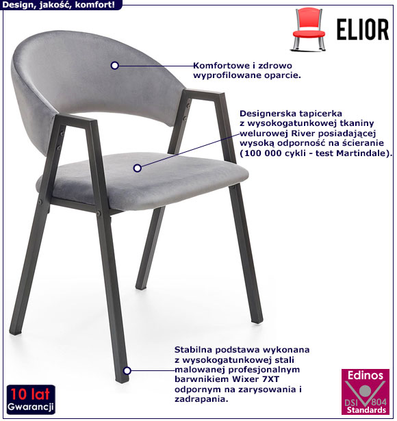 Szare nowoczesne krzesło welurowe Elores