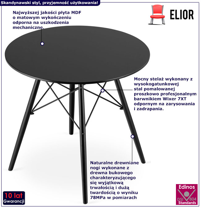 Infografika czarnego okrągłego stołu kuchennego Emodi 7X