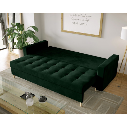 Wizualizacja aranżacji z zieloną rozkładaną sofą Gemma