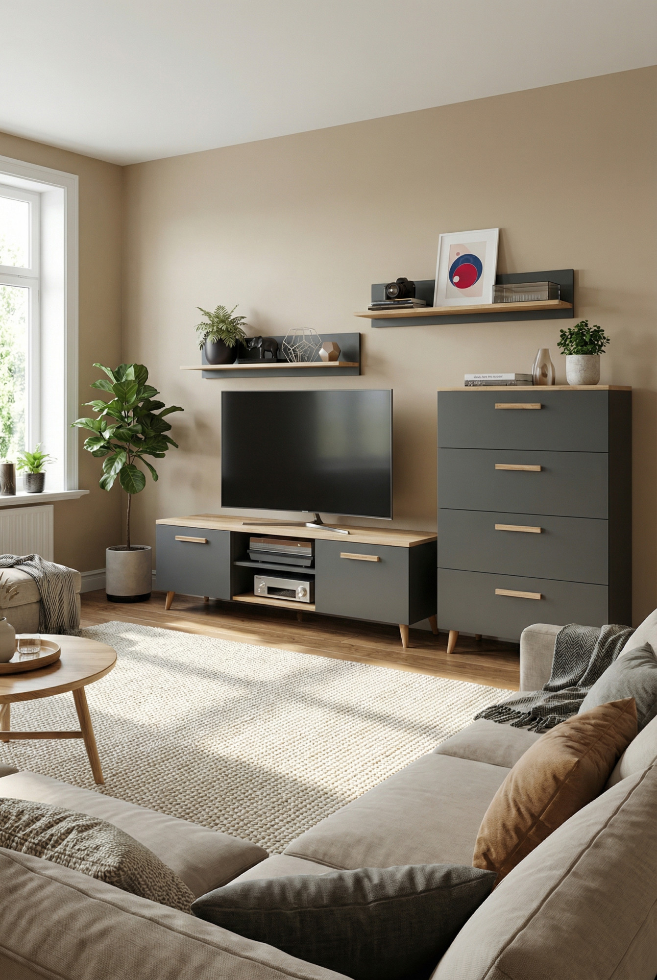 Aranżacja salonu z zestawem RTV do pokoju antracyt + dąb artisan Galileo 5X