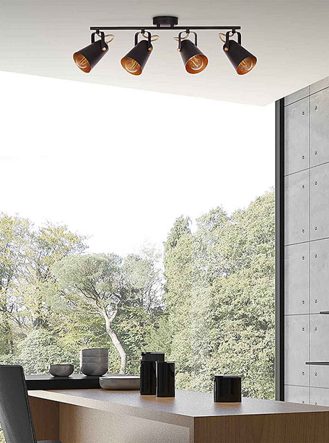 Czarna lampa sufitowa z czterema metalowymi reflektorami S991-Wrix