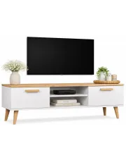 Skandynawska szafka RTV na dębowych nóżkach biały + hikora - Avec 5X 120cm w sklepie Edinos.pl