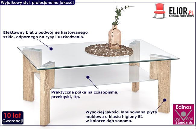 Prostokątna szklana ława dąb sonoma Nessa