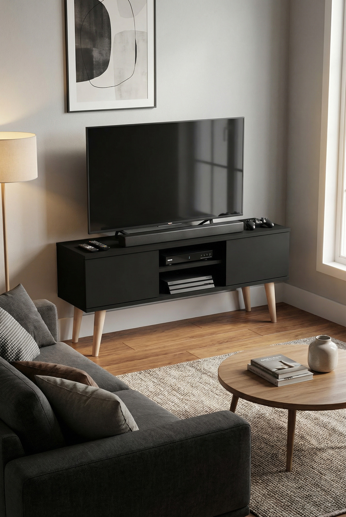 Wnętrze z czarną szafką RTV Dubby 4X