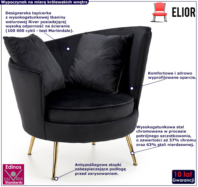 Czarny nowoczesny fotel welurowy fotel Tegol