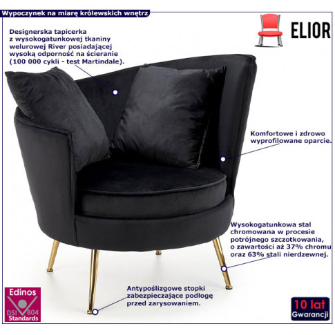Czarny fotel welurowy w stylu glamour Varcon