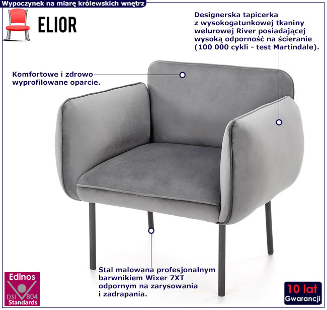 Szary nowoczesny fotel welurowy fotel Ernes