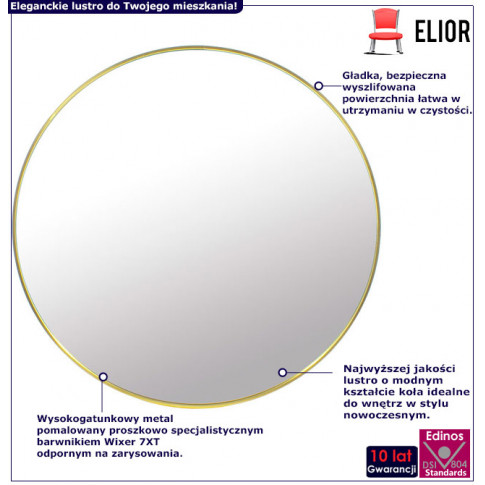 Infografika złotego okrągłego lustra łazienkowego pireo