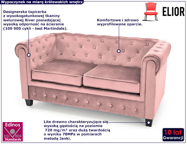Różowa sofa pikowana Vismos 4X