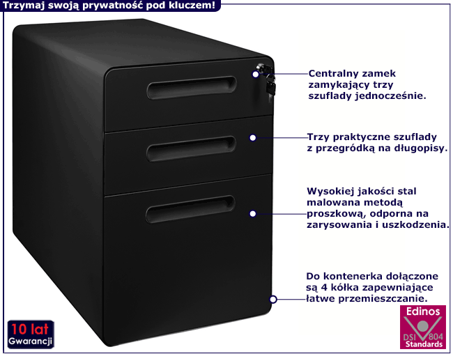 Czarny kontenerek zamykany na klucz do biura Amaros