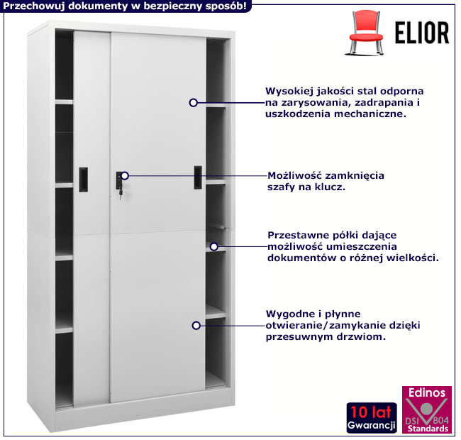 Szara szafa biurowa na klucz z przesuwnymi drzwiami Enila