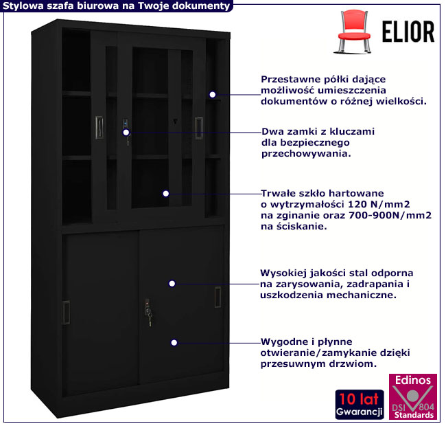 Czarna szafa biurowa z witryną zamykana na klucz Uneza