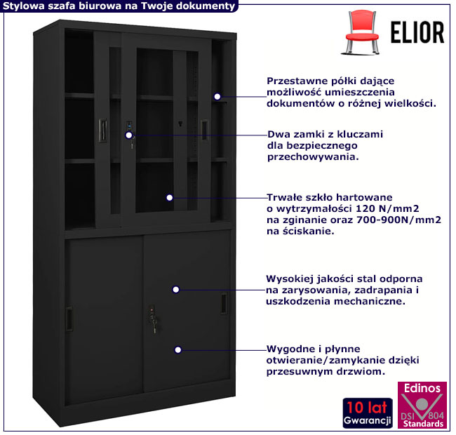 Antracytowa przesuwna szafa biurowa zamykana na klucz Uneza