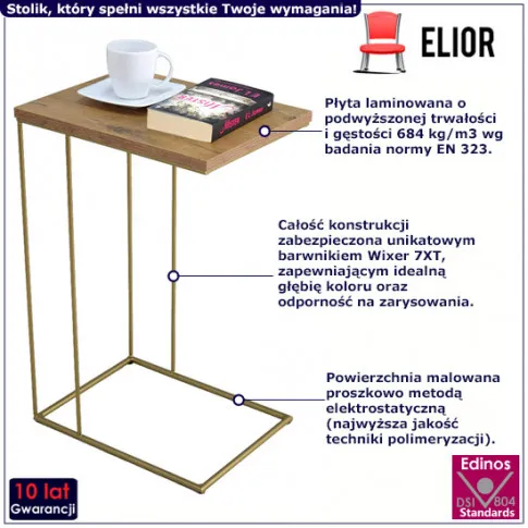Minimalistyczny stolik pomocniczy Texti 4X dąb lancelot złoty