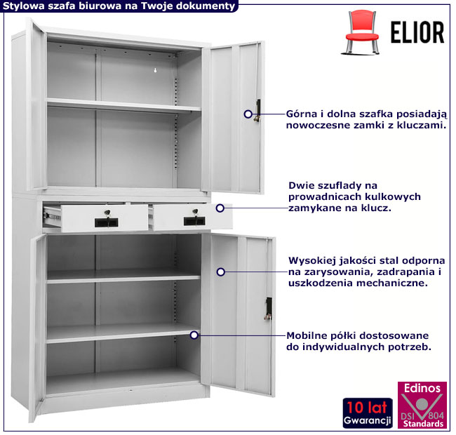 Szara szafa biurowa z półkami i szufladami na klucz Lipsod