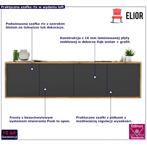 Wisząca zamykana szafka rtv dąb wotan grafit Foxton 12X