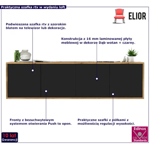 Wisząca zamykana szafka rtv dąb wotan czarny Foxton 12X