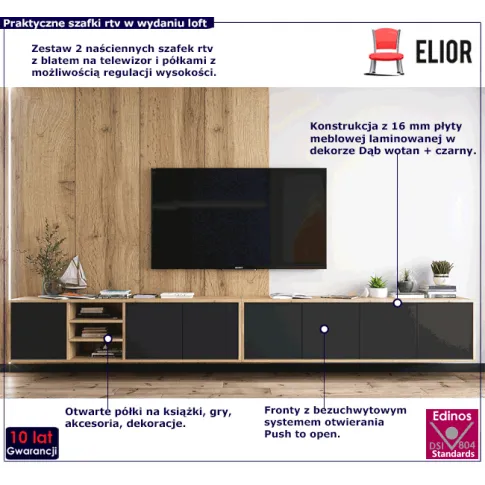 Zestaw wiszących szafkek rtv dąb wotan czarny Foxton 15X