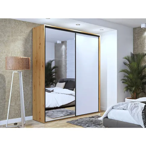 Aranżacja z szafą przesuwną z lustrem dąb artisan biały czarne paski Savona 3X