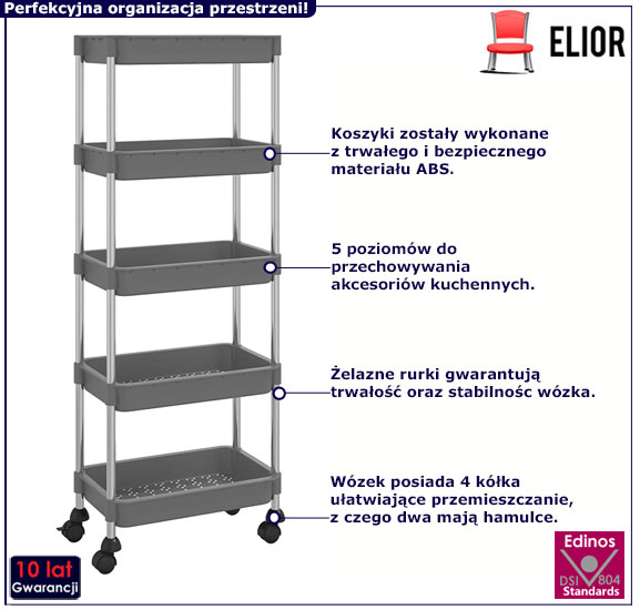 Szary wózek kuchenny na kółkach pięciopoziomowy Estris