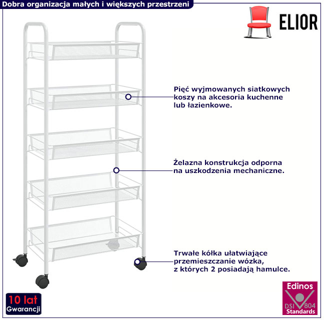 Biały wózek kuchenny łazienkowy na kółkach pięciopoziomowy Izeris
