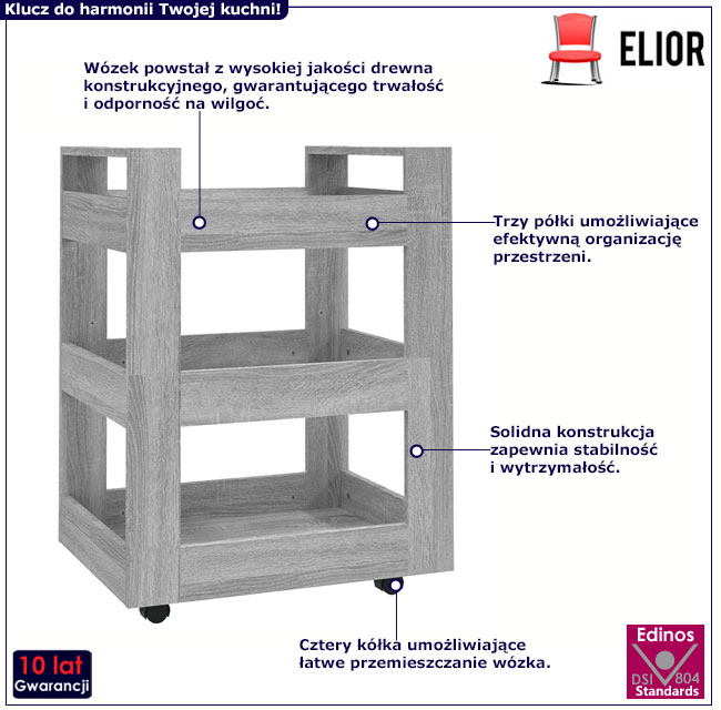Kuchenny wózek na kółkach szary dąb sonoma Noden