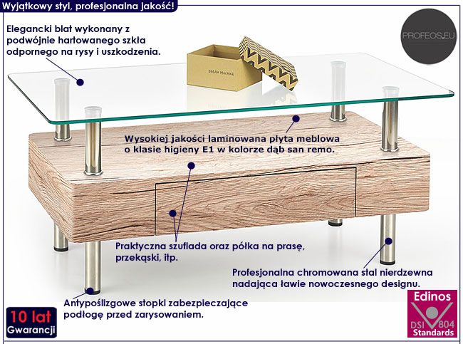 Prostokątna ława do salonu dąb san remo Rita