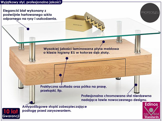 Stolik szklany do salonu dąb złoty Rita