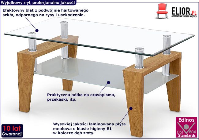 Szklany stolik kawowy dąb złoty Arisa