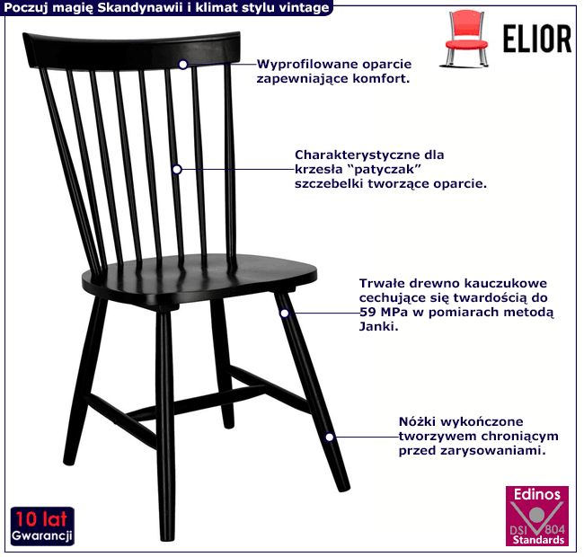 Czarne krzesło patyczak z drewna kauczukowego Favi 3X