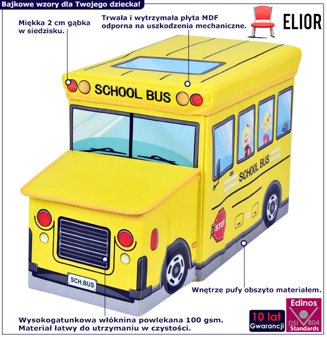 Infografika dziecięcej pufy na zabawki autobus Pesti 4X
