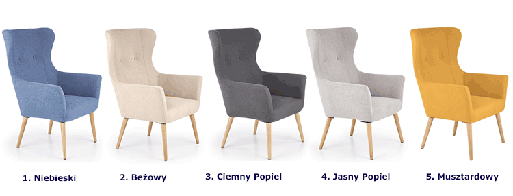 Dostępna kolorystyka tapicerowanego fotela w stylu retro Vofi