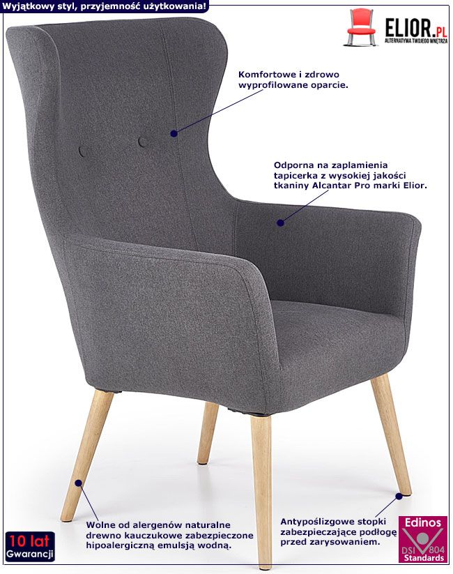 Ciemnoszary fotel tapicerowany do salonu Vofi