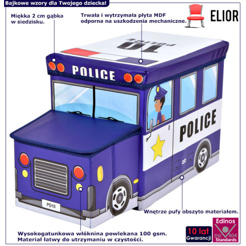 Infografika pudełko na zabawki dla chłopca wóz policyjny Pesti 4x