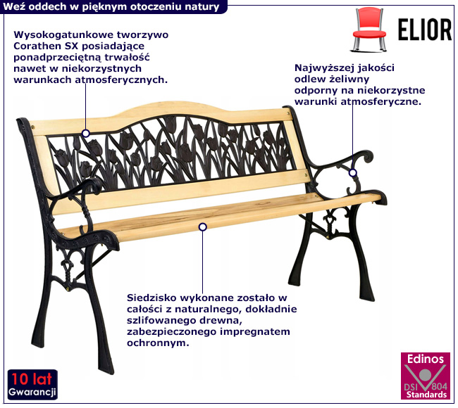 Zeliwna ławka ogrodowa z oparciem w tulipany Garis 4X