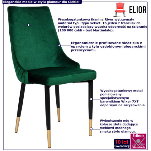 Infografika zielonego welurowego krzesła glamour Mosi
