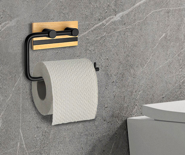 Czarny industrialny uchwyt na papier toaletowy z elementem drewna Wosi 4X