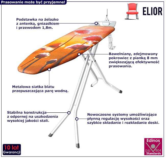 Pomarańczowa deska do prasowania z gniazdkiem, antenką i zdejmowanym pokrowcem Milmo 2X