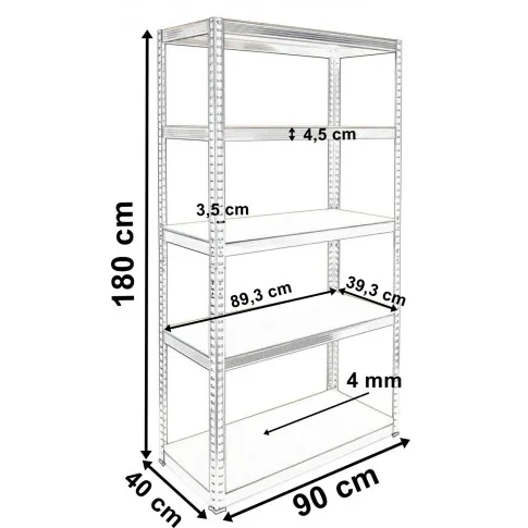 wymiary srebrnego regału z 5 półkami arfi 5x