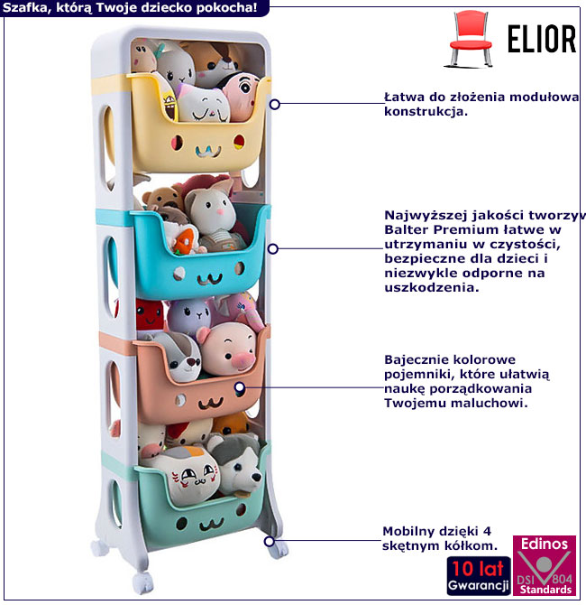 Infografika uroczej szafki na kółkach dla dzieci Pinki 4X