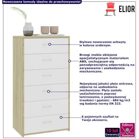 Infografika nowoczesnej komody z 6 szufladami iwerna bialy dab sonoma