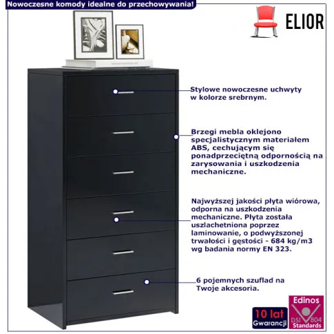 Infografika nowoczesnej komody z 6 szufladami czarny polysk iwerna