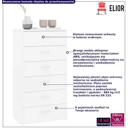 Infografika nowoczesnej komody z 6 szufladami biała iwerna
