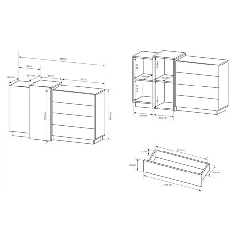 Wymiary wewnętrzne komody z szufladami Lumina 5X