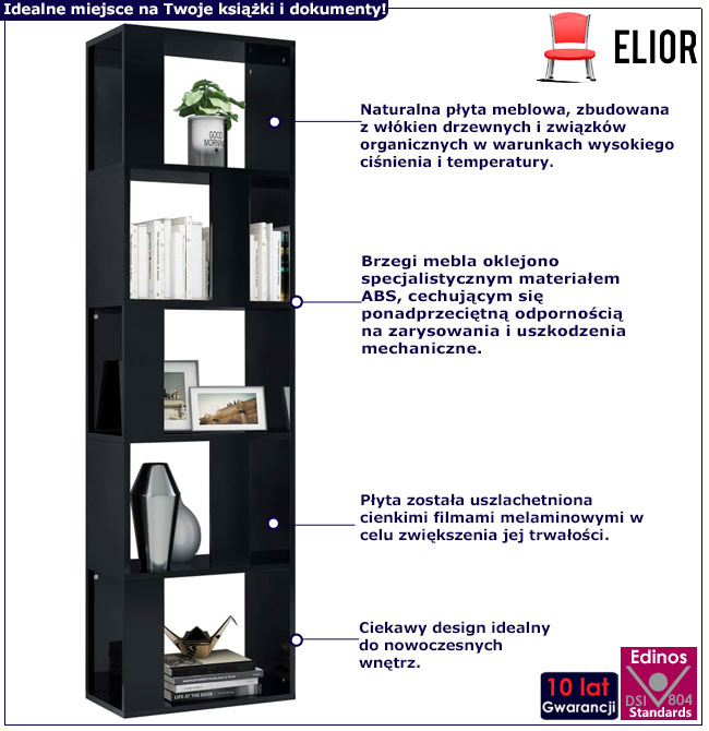 Infografika designerski czarny regał do salonu Cullen