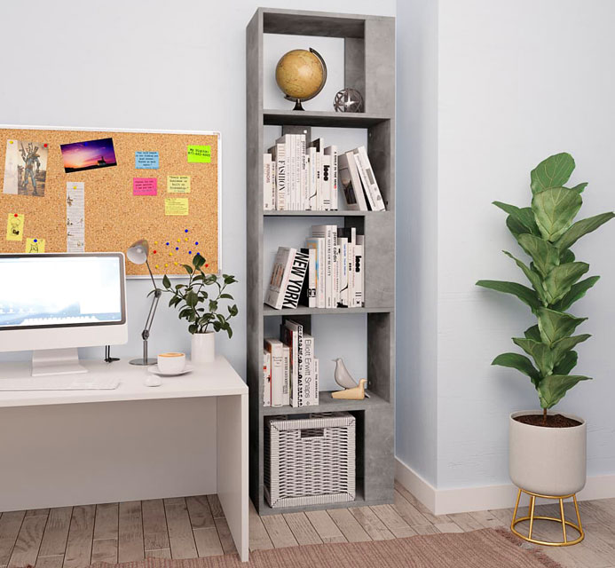 Biuro z wykorzystaniem ażurowego regału na dokumenty beton Cullen