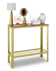 Konsola z półką w stylu glamour złoty + dąb lancelot - Erid 3X w sklepie Edinos.pl